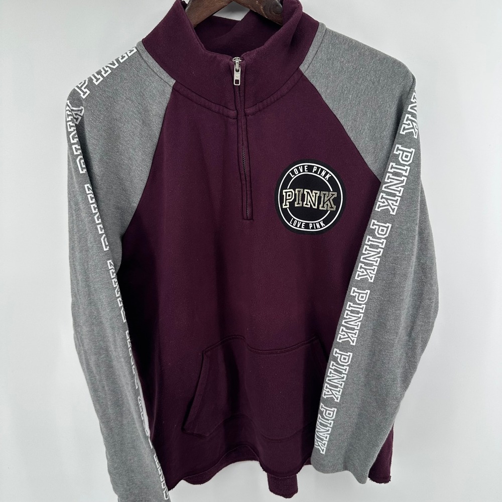 Pink Victoria's Secret Quarter Zip Sweatshirt Burgundy Grey Logo Tape Large